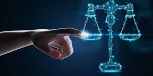 Internet law concept with 3d rendering human finger point at law scale digital display